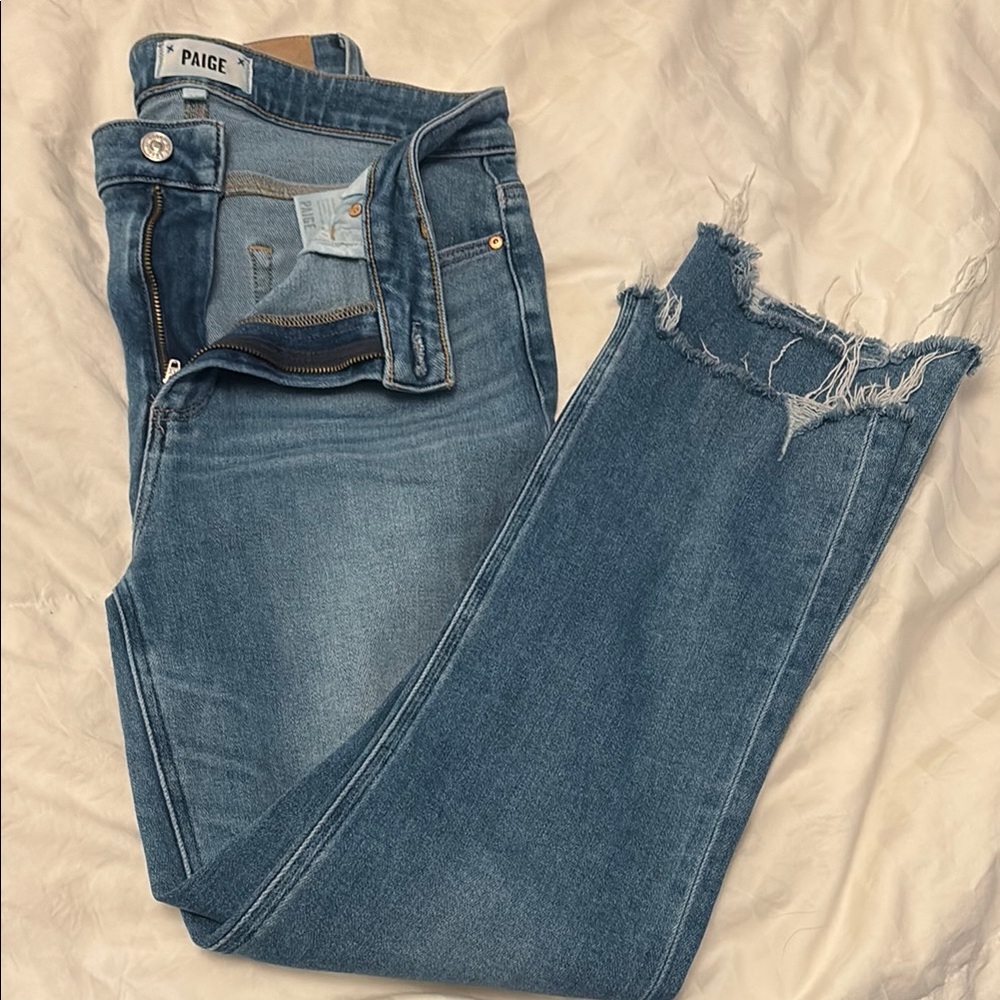 Paige straight leg destressed bottom jean